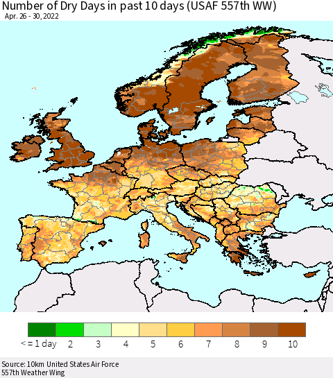 Europe Number of Dry Days in past 10 days (USAF 557th WW) Thematic Map For 4/26/2022 - 4/30/2022