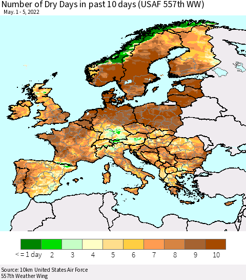 Europe Number of Dry Days in past 10 days (USAF 557th WW) Thematic Map For 5/1/2022 - 5/5/2022