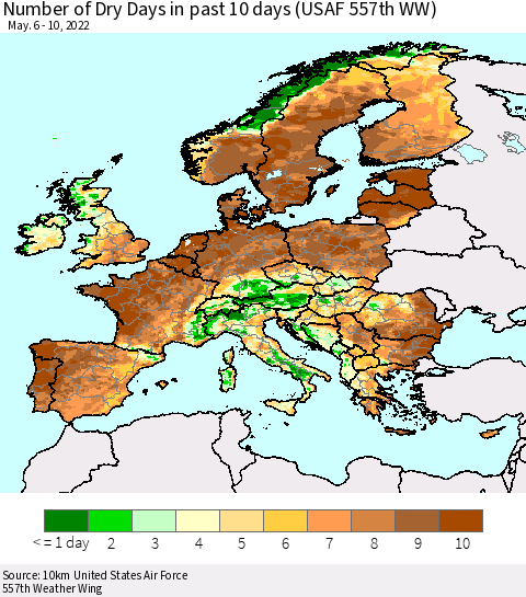 Europe Number of Dry Days in past 10 days (USAF 557th WW) Thematic Map For 5/6/2022 - 5/10/2022