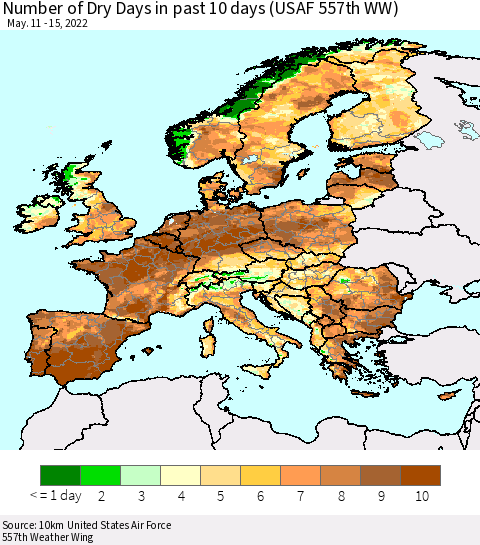 Europe Number of Dry Days in past 10 days (USAF 557th WW) Thematic Map For 5/11/2022 - 5/15/2022