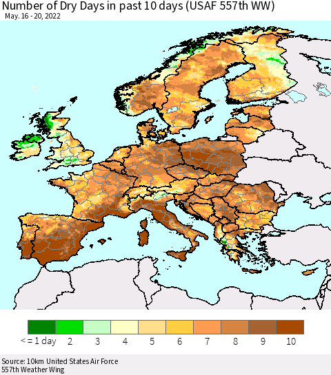 Europe Number of Dry Days in past 10 days (USAF 557th WW) Thematic Map For 5/16/2022 - 5/20/2022