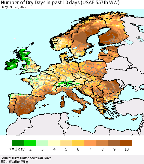 Europe Number of Dry Days in past 10 days (USAF 557th WW) Thematic Map For 5/21/2022 - 5/25/2022