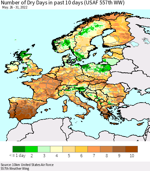 Europe Number of Dry Days in past 10 days (USAF 557th WW) Thematic Map For 5/26/2022 - 5/31/2022