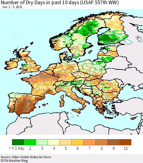 Europe Number of Dry Days in past 10 days (USAF 557th WW) Thematic Map For 6/1/2022 - 6/5/2022