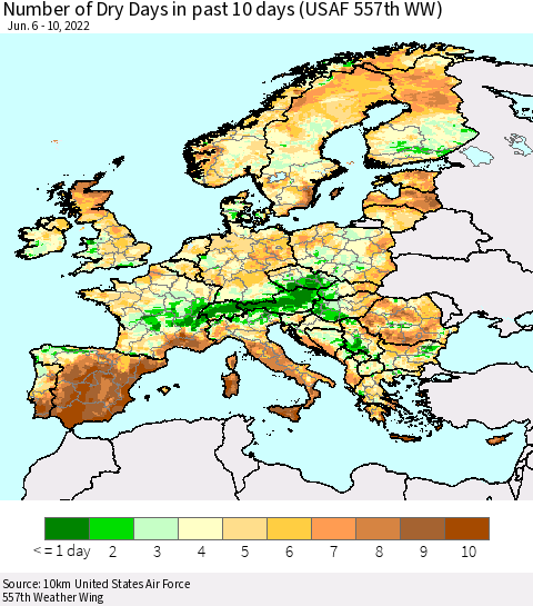 Europe Number of Dry Days in past 10 days (USAF 557th WW) Thematic Map For 6/6/2022 - 6/10/2022