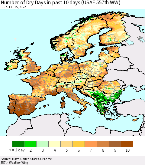 Europe Number of Dry Days in past 10 days (USAF 557th WW) Thematic Map For 6/11/2022 - 6/15/2022