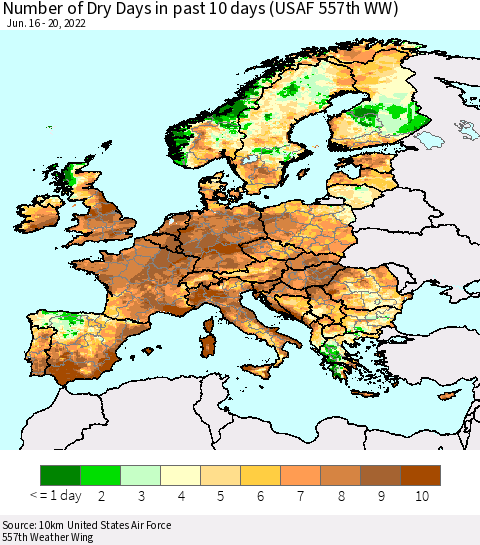 Europe Number of Dry Days in past 10 days (USAF 557th WW) Thematic Map For 6/16/2022 - 6/20/2022