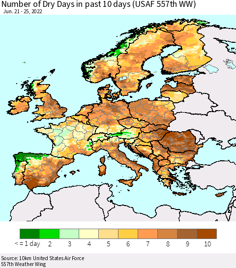 Europe Number of Dry Days in past 10 days (USAF 557th WW) Thematic Map For 6/21/2022 - 6/25/2022