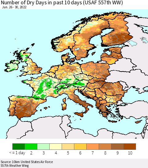 Europe Number of Dry Days in past 10 days (USAF 557th WW) Thematic Map For 6/26/2022 - 6/30/2022