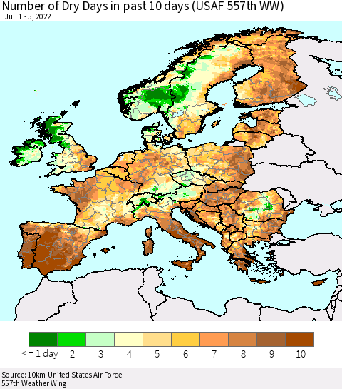 Europe Number of Dry Days in past 10 days (USAF 557th WW) Thematic Map For 7/1/2022 - 7/5/2022