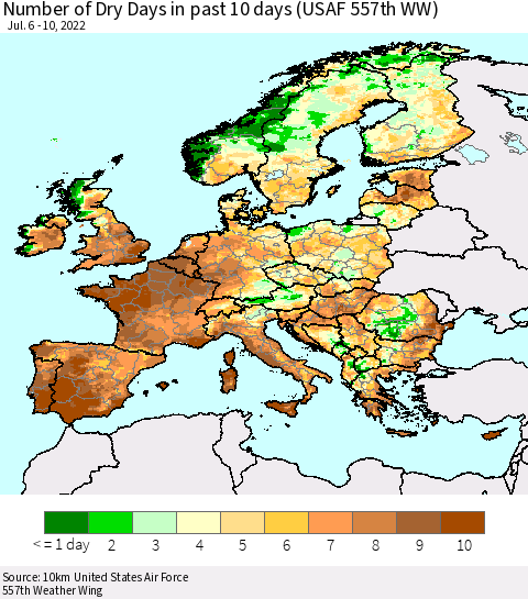 Europe Number of Dry Days in past 10 days (USAF 557th WW) Thematic Map For 7/6/2022 - 7/10/2022
