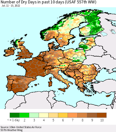 Europe Number of Dry Days in past 10 days (USAF 557th WW) Thematic Map For 7/11/2022 - 7/15/2022