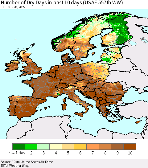 Europe Number of Dry Days in past 10 days (USAF 557th WW) Thematic Map For 7/16/2022 - 7/20/2022