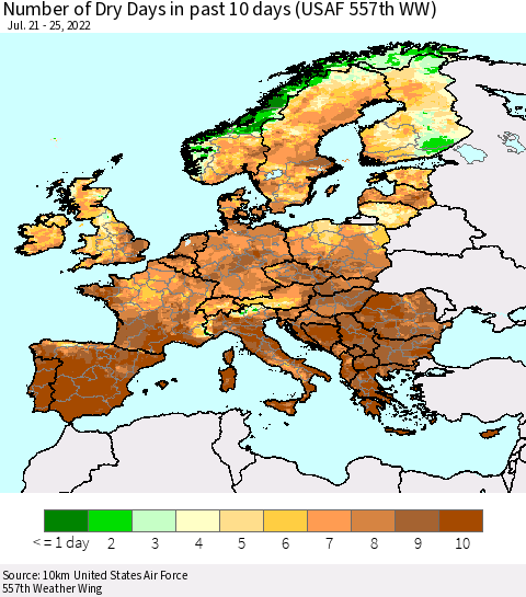 Europe Number of Dry Days in past 10 days (USAF 557th WW) Thematic Map For 7/21/2022 - 7/25/2022