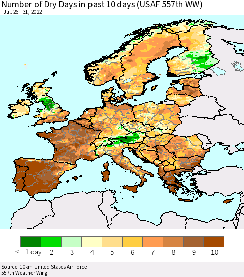 Europe Number of Dry Days in past 10 days (USAF 557th WW) Thematic Map For 7/26/2022 - 7/31/2022