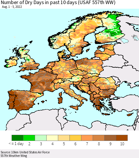 Europe Number of Dry Days in past 10 days (USAF 557th WW) Thematic Map For 8/1/2022 - 8/5/2022