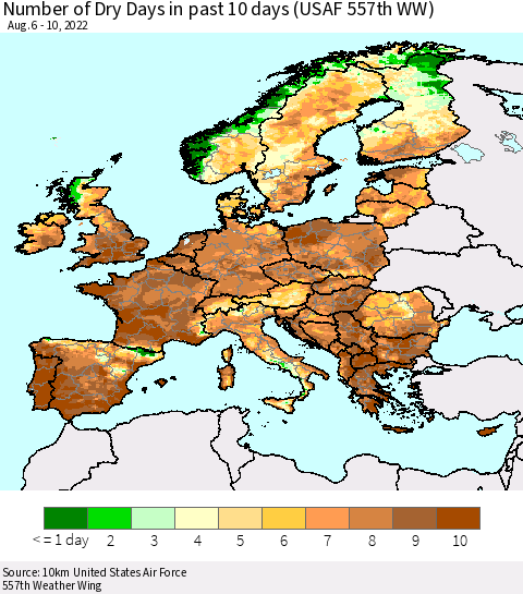 Europe Number of Dry Days in past 10 days (USAF 557th WW) Thematic Map For 8/6/2022 - 8/10/2022