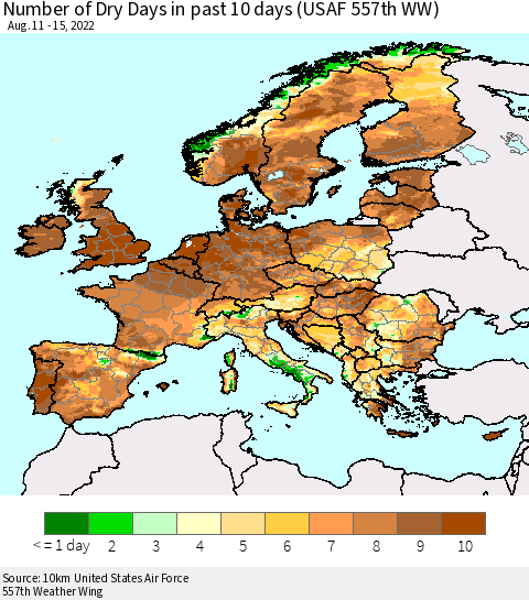 Europe Number of Dry Days in past 10 days (USAF 557th WW) Thematic Map For 8/11/2022 - 8/15/2022