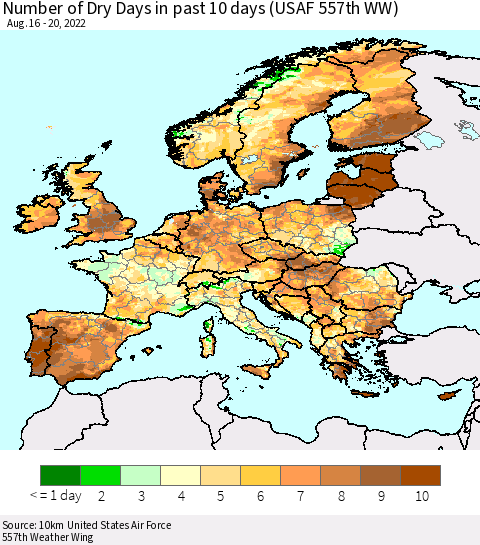 Europe Number of Dry Days in past 10 days (USAF 557th WW) Thematic Map For 8/16/2022 - 8/20/2022