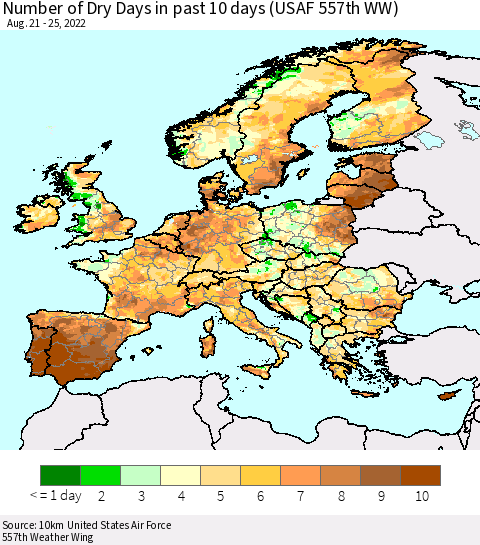 Europe Number of Dry Days in past 10 days (USAF 557th WW) Thematic Map For 8/21/2022 - 8/25/2022