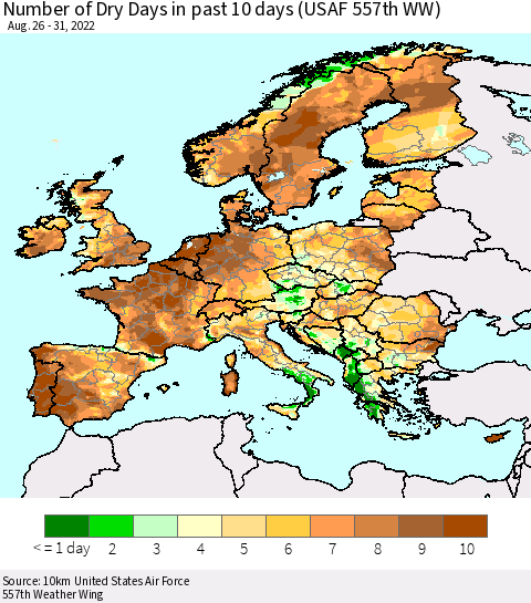 Europe Number of Dry Days in past 10 days (USAF 557th WW) Thematic Map For 8/26/2022 - 8/31/2022