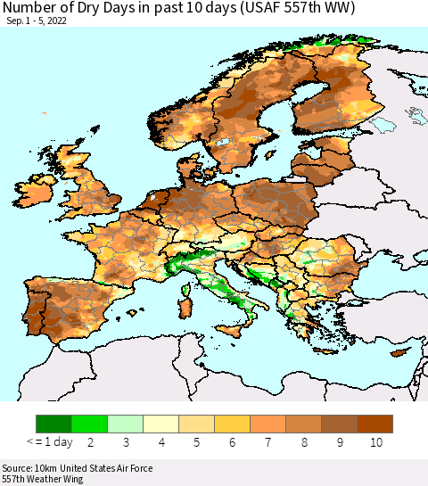 Europe Number of Dry Days in past 10 days (USAF 557th WW) Thematic Map For 9/1/2022 - 9/5/2022