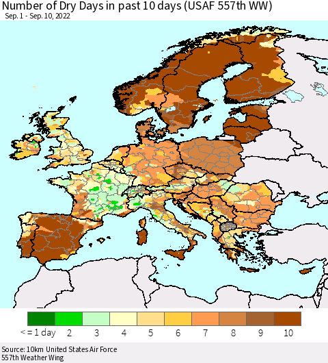 Europe Number of Dry Days in past 10 days (USAF 557th WW) Thematic Map For 9/6/2022 - 9/10/2022