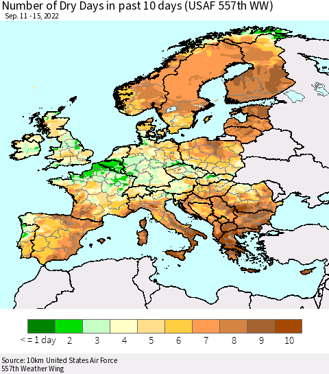 Europe Number of Dry Days in past 10 days (USAF 557th WW) Thematic Map For 9/11/2022 - 9/15/2022