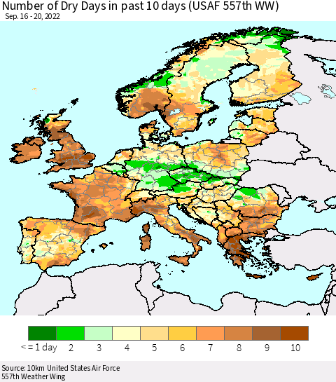 Europe Number of Dry Days in past 10 days (USAF 557th WW) Thematic Map For 9/16/2022 - 9/20/2022