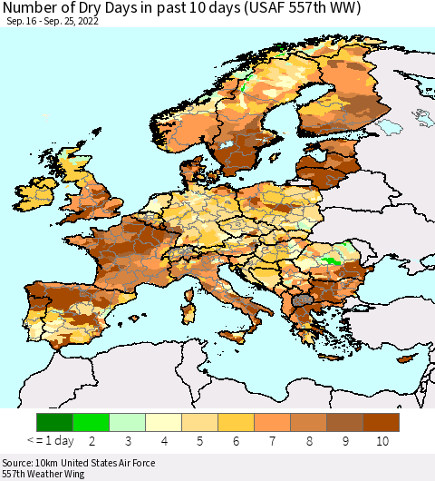 Europe Number of Dry Days in past 10 days (USAF 557th WW) Thematic Map For 9/21/2022 - 9/25/2022