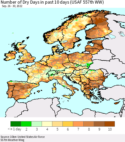 Europe Number of Dry Days in past 10 days (USAF 557th WW) Thematic Map For 9/26/2022 - 9/30/2022