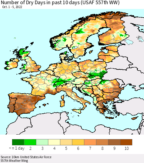 Europe Number of Dry Days in past 10 days (USAF 557th WW) Thematic Map For 10/1/2022 - 10/5/2022
