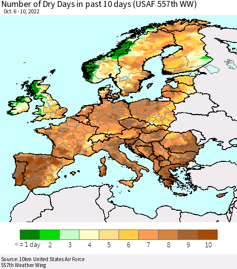 Europe Number of Dry Days in past 10 days (USAF 557th WW) Thematic Map For 10/6/2022 - 10/10/2022