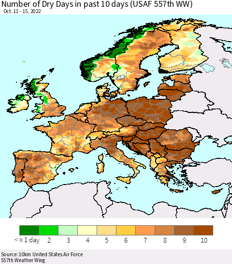 Europe Number of Dry Days in past 10 days (USAF 557th WW) Thematic Map For 10/11/2022 - 10/15/2022