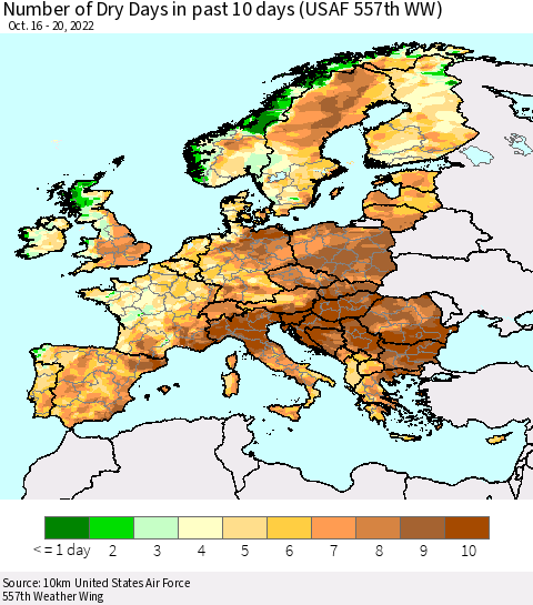 Europe Number of Dry Days in past 10 days (USAF 557th WW) Thematic Map For 10/16/2022 - 10/20/2022