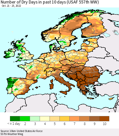 Europe Number of Dry Days in past 10 days (USAF 557th WW) Thematic Map For 10/21/2022 - 10/25/2022