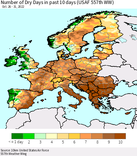 Europe Number of Dry Days in past 10 days (USAF 557th WW) Thematic Map For 10/26/2022 - 10/31/2022