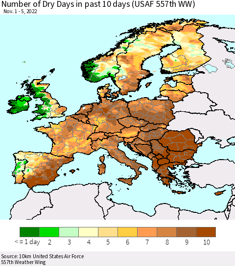 Europe Number of Dry Days in past 10 days (USAF 557th WW) Thematic Map For 11/1/2022 - 11/5/2022