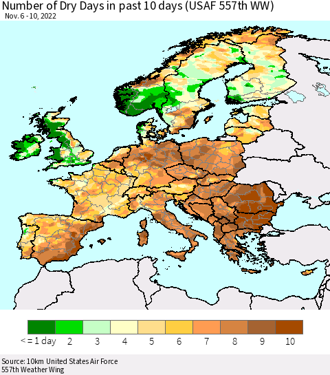 Europe Number of Dry Days in past 10 days (USAF 557th WW) Thematic Map For 11/6/2022 - 11/10/2022