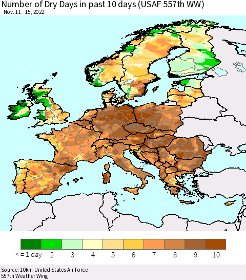 Europe Number of Dry Days in past 10 days (USAF 557th WW) Thematic Map For 11/11/2022 - 11/15/2022