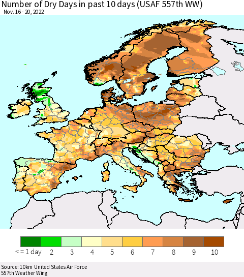 Europe Number of Dry Days in past 10 days (USAF 557th WW) Thematic Map For 11/16/2022 - 11/20/2022