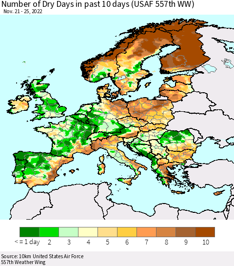 Europe Number of Dry Days in past 10 days (USAF 557th WW) Thematic Map For 11/21/2022 - 11/25/2022