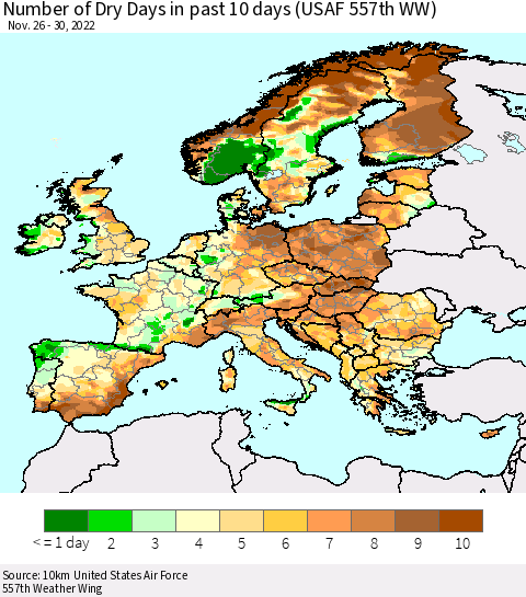 Europe Number of Dry Days in past 10 days (USAF 557th WW) Thematic Map For 11/26/2022 - 11/30/2022