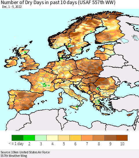 Europe Number of Dry Days in past 10 days (USAF 557th WW) Thematic Map For 12/1/2022 - 12/5/2022