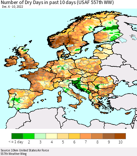 Europe Number of Dry Days in past 10 days (USAF 557th WW) Thematic Map For 12/6/2022 - 12/10/2022