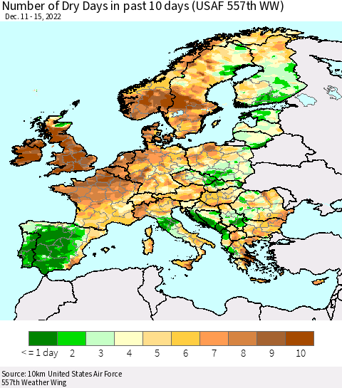 Europe Number of Dry Days in past 10 days (USAF 557th WW) Thematic Map For 12/11/2022 - 12/15/2022