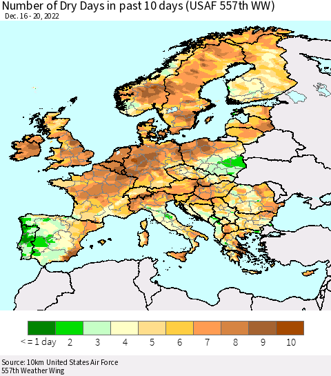 Europe Number of Dry Days in past 10 days (USAF 557th WW) Thematic Map For 12/16/2022 - 12/20/2022