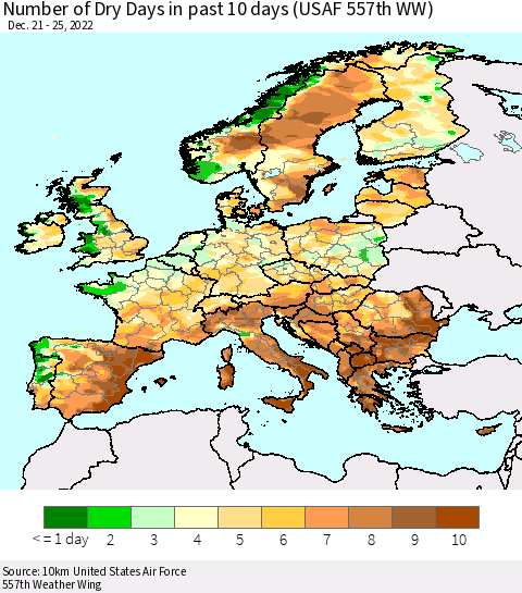 Europe Number of Dry Days in past 10 days (USAF 557th WW) Thematic Map For 12/21/2022 - 12/25/2022
