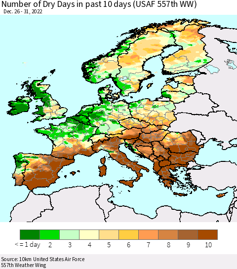 Europe Number of Dry Days in past 10 days (USAF 557th WW) Thematic Map For 12/26/2022 - 12/31/2022