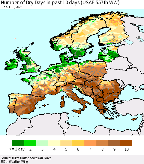 Europe Number of Dry Days in past 10 days (USAF 557th WW) Thematic Map For 1/1/2023 - 1/5/2023